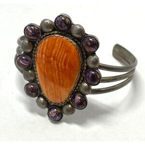 Navajo Orange And Purple Spiny Oyster Sterling Cuff Signed WBJ
